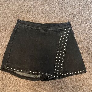 Black Denim Skort with Studded Detail